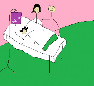 cartoon showing a child in hospital bed with Intravenous drip of Pediasure