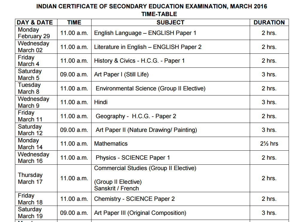 ICSE Exam Time Table 2016